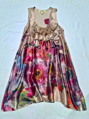 Trelise Cooper Colorful Floral Silk Summer Mini Dress with Ruffles, Medium